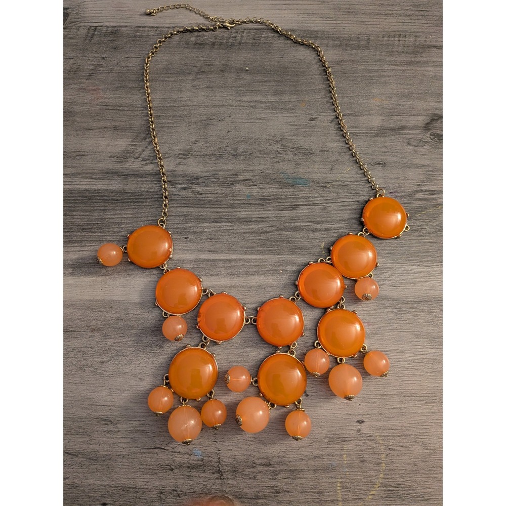 Orange Statement Bib‎ Necklace Gold Tone Cabochon Beaded Chunky Jewelry